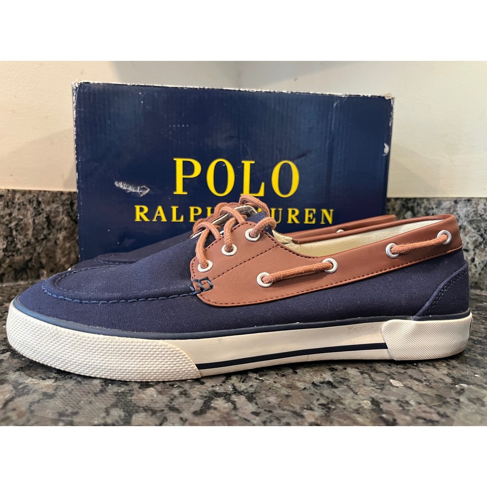 Polo Ralph Lauren Franz Mens Boat Shoes Navy Blue Brown Canvas Loafers Size 9D - Picture 4 of 10